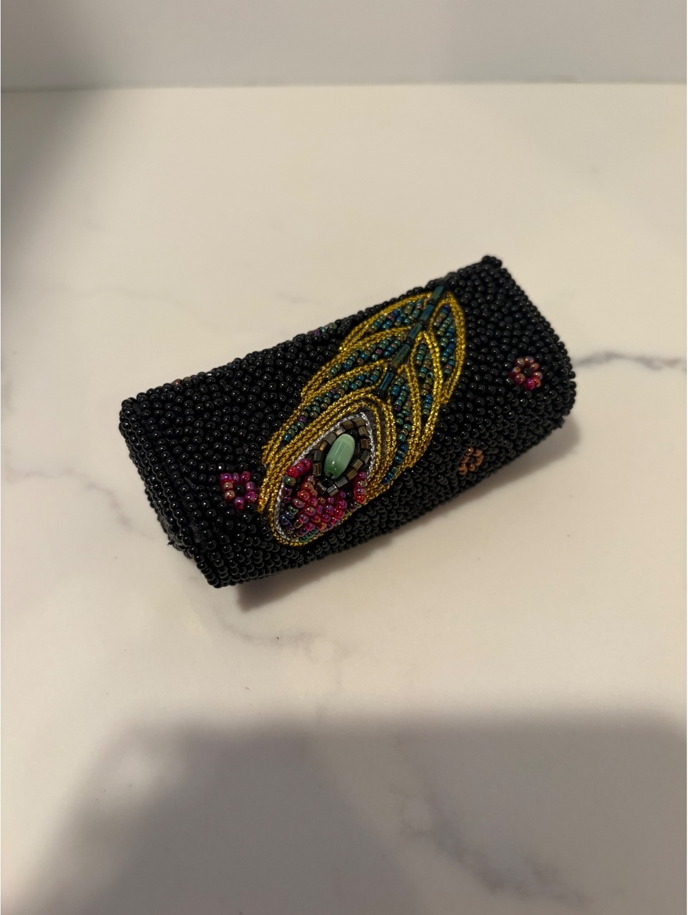 VTG Black Beaded LIpstick holder w/Colorful Feather Design and Interior Mirror